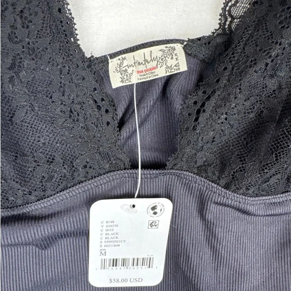 NWT Free People Power Play Cami Black Lace V Neck Ribbed Tank Size Medium